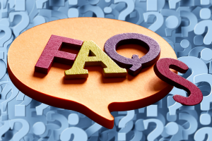 Colorful FAQ speech bubble on a background filled with question marks, highlighting frequently asked questions about performance bonds.