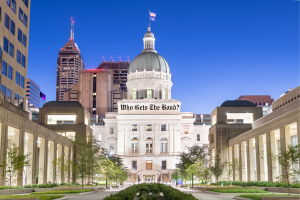 A beautiful view of the Indiana State Capitol building at dusk, with the words "Who Gets the Bond?" appearing in the foreground. This image represents legal decisions related to probate bonds and estate management in Indiana.