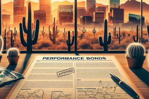 Desk with an approved performance bond document, pen, and dollar bills set against a Phoenix skyline with cacti and a sunset.