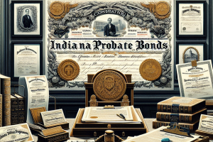 An ornate, vintage-style certificate for "Indiana Probate Bonds," featuring seals, legal documents, and official signatures, symbolizing the historical and legal importance of probate bonds in Indiana.