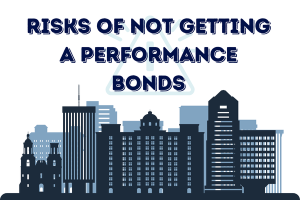 Graphic illustration of city skyline with the title 'Risks of Not Getting a Performance Bonds' in bold text, highlighting potential issues contractors may face.