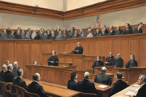 Illustration of a courtroom with judges and jury, representing the legal process of probate bonds in Iowa.