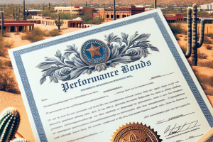 A certificate of 'Performance Bonds' set against the backdrop of the Arizona desert, with cactus and traditional Southwestern architecture.