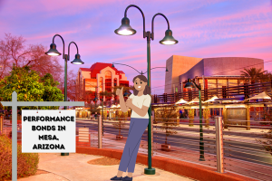 Illustration of a woman standing near a sign that reads 'Performance Bonds in Mesa, Arizona,' set against a colorful sunset scene in downtown Mesa, featuring iconic street lamps and vibrant buildings.