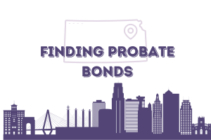 Illustration of Kansas city skyline with the title 'Finding Probate Bonds,' indicating local resources for securing probate bonds in Kansas.