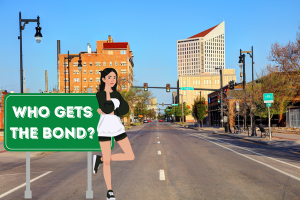 Illustrated character standing beside a sign in downtown Kansas City, with the text 'Who Gets the Bond?' emphasizing the parties involved in Kansas estate bonds.