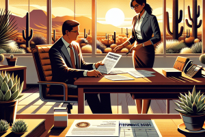 A professional setting with two business people discussing 'Performance Bonds' documents, surrounded by a desert-themed office decor reflecting Mesa, Arizona’s landscape and sunset view.