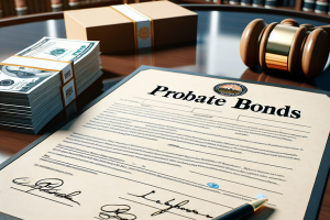 Image of a signed probate bond document next to a gavel and money, symbolizing the legal and financial aspects of securing probate bonds.