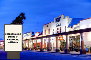 Historic downtown Chandler, Arizona at twilight, showcasing iconic storefronts and architecture with a signboard reading 'Performance Bonds in Chandler, Arizona