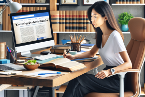 A woman working at a desk in a modern office, researching Kentucky probate bonds on her computer, surrounded by law books and documents, representing the legal process of securing probate bonds in Kentucky.