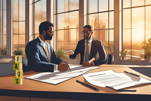 Two business professionals discussing contract details in an office setting with a city skyline in the background, illustrating FAQs related to performance bonds.