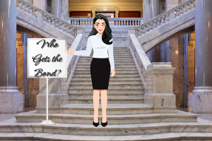 A professional woman standing on a grand courthouse staircase holding a sign that says "Who Gets the Bond?", symbolizing the inquiry into who benefits from probate court surety bonds in Kentucky.