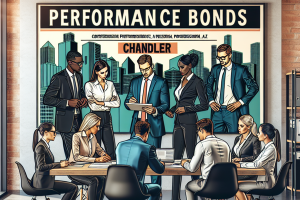 Team of professionals in a boardroom in Chandler, Arizona, discussing strategies for performance bonds, with a large sign displaying 'Performance Bonds in Chandler.