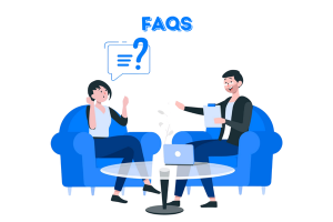 An animated graphic showing two people sitting in chairs, engaged in a discussion. One person is holding a notebook, and the other is asking a question. A speech bubble with a question mark and "FAQs" above it suggests frequently asked questions about performance bonds.