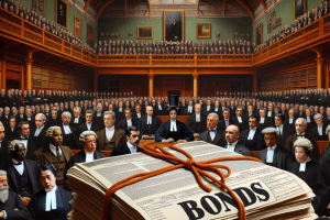 Historical-style image of a courtroom filled with judges and legal professionals, with a bundle of 'Bonds' in the foreground, representing probate bond proceedings in Alaska court.