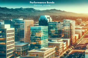 A skyline view of downtown Glendale, Arizona, at sunset, showcasing modern buildings with mountain ranges in the background. The text "Performance Bonds Glendale, Arizona" highlights the role of bonds in urban development projects.