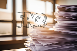 A stack of paperwork in a bright office setting with large windows and the word "FAQ" overlaid. This image represents frequently asked questions about performance bonds and related documentation.