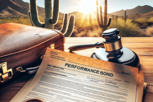 A photo of a performance bond document on a desk with a gavel, briefcase, and cactus in the background, symbolizing legal obligations and construction bonds in Glendale, Arizona.