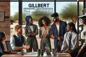 Diverse business team discussing performance bonds in Gilbert, Arizona, inside a modern meeting room with large windows showing a desert landscape. The word 'Gillbert' displayed on a document in the background.