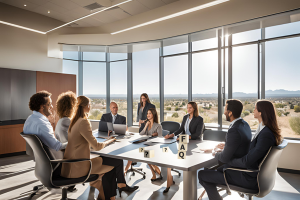 Corporate meeting room in Gilbert, Arizona, with business professionals discussing FAQs on performance bonds. Large windows offer a view of the Arizona landscape under clear skies.