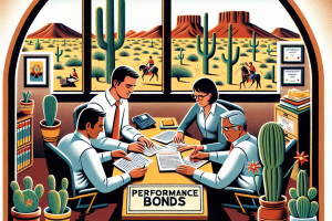 Illustrated office scene with professionals reviewing performance bond contracts in an Arizona-themed room with desert views, cacti, and Southwestern decor. A sign reading 'Performance Bonds' is on the table.