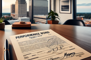 A signed performance bond document placed on a desk, with a modern cityscape of Montgomery visible through the office window. The document represents a signed contract related to performance bonds within the city, providing a visual connection to legal and financial commitments.