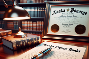 Professional legal setting with Alaska probate bond certificates displayed on a desk, accompanied by books and documents, symbolizing the process of securing probate bonds in Alaska.