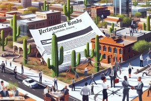 Illustrated concept of performance bonds in Scottsdale, Arizona. A creative illustration depicting an oversized document labeled 'Performance Bonds, Scottsdale, Arizona' amidst cacti and business professionals, highlighting the importance of bonds in the city’s thriving market.