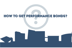 Graphic illustration of a cityscape silhouette with the text 'How to Get Performance Bonds?' emphasizing questions about acquiring performance bonds.