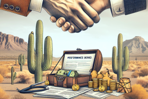 An artistic illustration showing two hands shaking over a chest filled with documents labeled 'Performance Bonds,' with gold coins and desert cacti in the background, symbolizing financial agreements in Arizona.