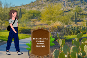 Illustrated character walking along a path in Peoria, Arizona desert landscape with a wooden sign reading 'Performance Bonds in Peoria, Arizona,' emphasizing the local relevance of bonds in the city’s context.