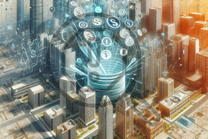 Abstract representation of financial growth in a city with skyscrapers, digital currency symbols, and a circular magnifying glass effect, symbolizing the economic importance and impact of performance bonds in Peoria, Arizona.