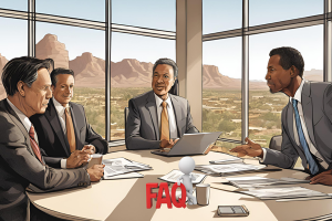 Business professionals in a boardroom overlooking Arizona mountains, discussing performance bonds with a red 'FAQ' sign on the table, highlighting common questions related to bonds in Peoria, AZ.