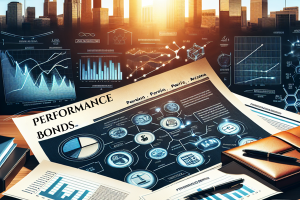 Close-up of performance bond documents with charts and financial graphics, showcasing analysis of performance bonds in Peoria, Arizona, with cityscape in the background under a sunset.