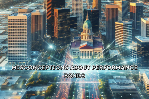 Cityscape of Surprise, Arizona at dusk, showcasing illuminated skyscrapers and a historic building in the center with the text 'Misconceptions About Performance Bonds,' highlighting key insights for contractors.