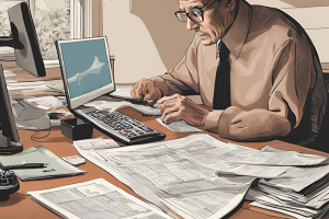 Man diligently working on estate documents at a desk, showcasing the detailed process of handling Minnesota probate bonds and estate management.