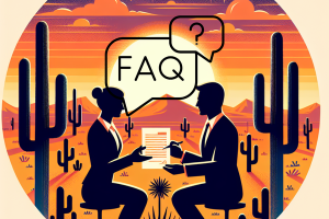 Illustrated FAQ session between two business professionals in a desert setting with cacti, discussing performance bonds under the Arizona sunset, representing knowledge-sharing and expert guidance.