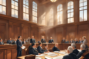 A courtroom scene filled with lawyers, judges, and attendees, depicting a probate case in Minnesota where estate bonds play a crucial role in legal proceedings.