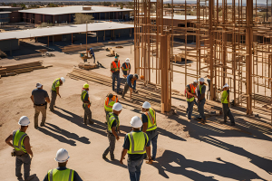 Construction site in Surprise, Arizona with workers in safety vests and hard hats, assembling building frames, emphasizing the importance of performance bonds for project completion and compliance.