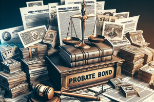 Scales of justice and stacks of legal documents surrounding a 'Probate Bond' sign, emphasizing the financial and legal aspects of probate bonds in Minnesota.