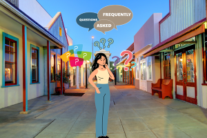 Illustrated woman surrounded by question marks and speech bubbles labeled 'Frequently Asked Questions' in the historic district of Yuma, Arizona, addressing common queries about performance bonds.