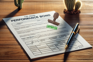 Approved performance bond document stamped 'Approved,' with a pen resting on a wooden desk and a cactus in the background, representing secure contract completion in Yuma, Arizona