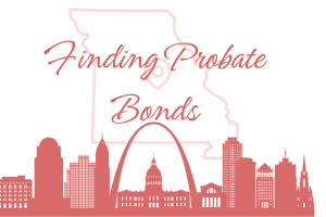 Creative design showing Missouri's state outline and a city skyline with the text 'Finding Probate Bonds.' Ideal for information on locating probate bonds in Missouri.