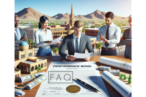 Group of business professionals gathered around a large performance bond document, with an FAQ section highlighted. The background depicts the iconic landscape of Avondale, Arizona, including desert mountains and city architecture, illustrating a collaborative approach to understanding bonds.