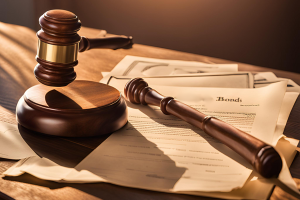 Close-up of a judge's gavel next to legal documents titled 'Bonds' on a wooden desk. Represents the legal process of securing probate bonds in Missouri.