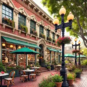 image of the quaint, local coffee shop nestled in a historic building in Anaheim, complete with lush greenery, vintage street lamps, and a charming outdoor seating area.