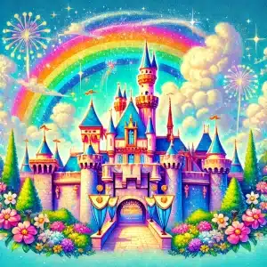 A vibrant and magical depiction of the iconic Sleeping Beauty Castle at Disneyland Resort in Anaheim, CA