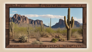 Framed photograph of Apache Junction, Arizona, showcasing towering cacti, sprawling desert scenery, and the rugged Superstition Mountains under a clear blue sky.