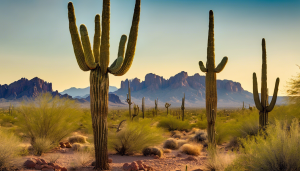 Sunlit desert landscape in Apache Junction, Arizona, featuring iconic tall saguaro cacti, vibrant desert plants, and the majestic Superstition Mountains in the background.