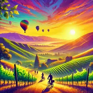 Image of a vibrant sunrise over the rolling hills of Bakersfield, with hikers, cyclists, and hot air balloons creating a lively and picturesque scene.